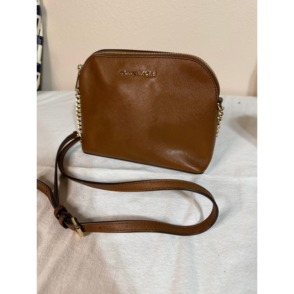Michael Kors Brown Saffiano Leather Dome Crossbody Bag Gold Hardware